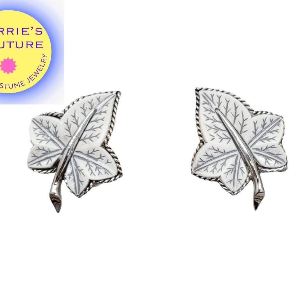 Vintage Signed Boucher Rhodium Plated White Thermoset Leaves Clip Earrings